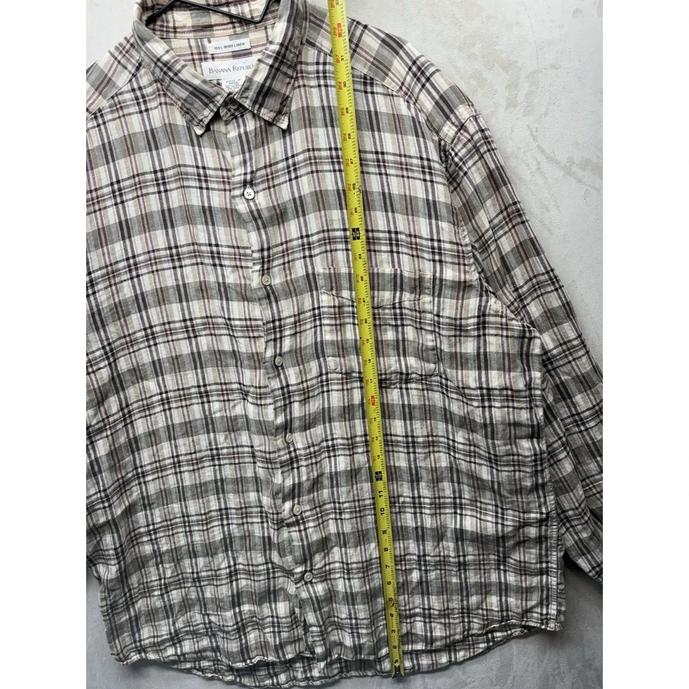 Vintage Banana Republic Irish Linen Shirt Men's XL Plaid Button Up Long Sleeve